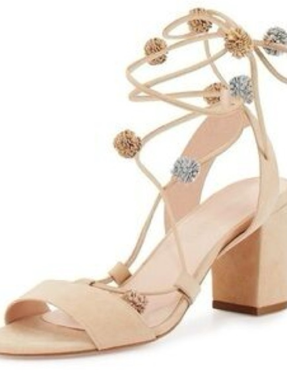 NEW Loeffler Randall Bea Pom Ankle Wrap Block Heel Strappy Sandal 8 Nude Suede